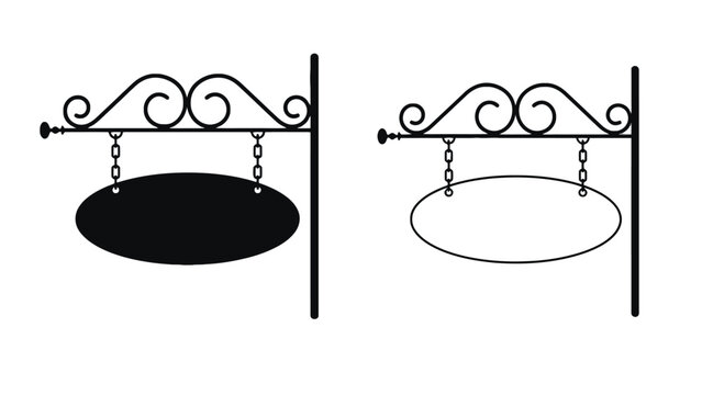 Two ornate hanging signs, one solid black and one outlined, are displayed.