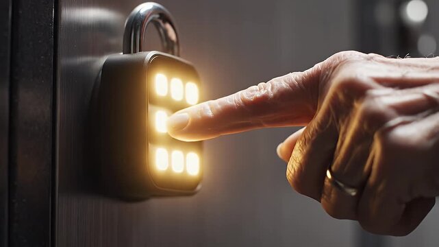 Close-Up of Finger Unlocking Digital Padlock - A close-up video shows a finger pressing a glowing keypad on a digital padlock.