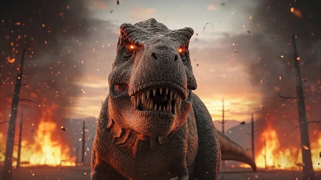 Furious Tyrannosaurus Rex Roaring in a Burning Landscape with Smoke and Embers