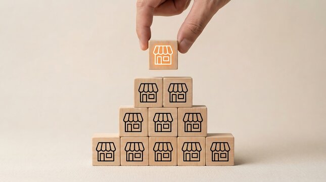 A hand carefully positions a wooden block, adorned with a bright shop icon, onto a growing pyramid made of identical retail store blocks.