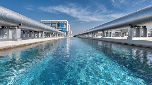 Industrial infrastructure with parallel metal pipes flanking a channel of clear, blue water under a sky