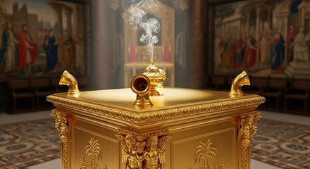 Ornate golden altar sits centrally within a richly decorated sacred interior space