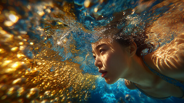 Underwater portrait of a woman swimming through golden bubbles and sunlight, surrounded by vibrant blue and shimmering light in surreal aquatic environment