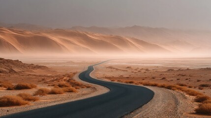 A winding black road snakes through a vast, hazy desert landscape of dunes and scrub