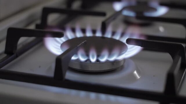 A close-up image of a gas stove with a gas flame on.
