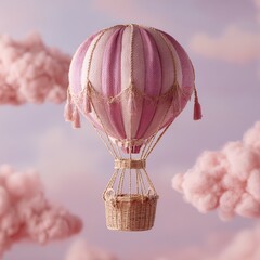 Pink Striped Hot Air Balloon with Clouds