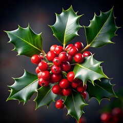 Vibrant holly leaves and berries in sharp focus