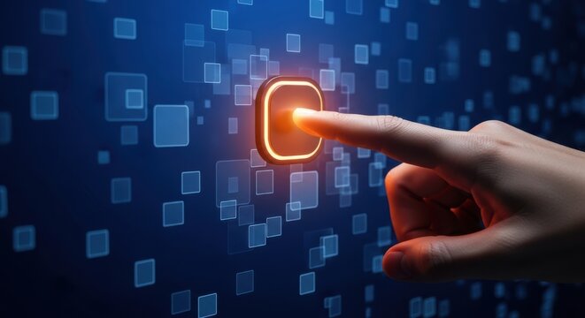 Hand interacting with glowing digital toggle switch