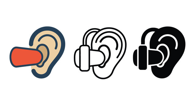 Ear hearing protection icons with earplugs and earmuffs in different styles