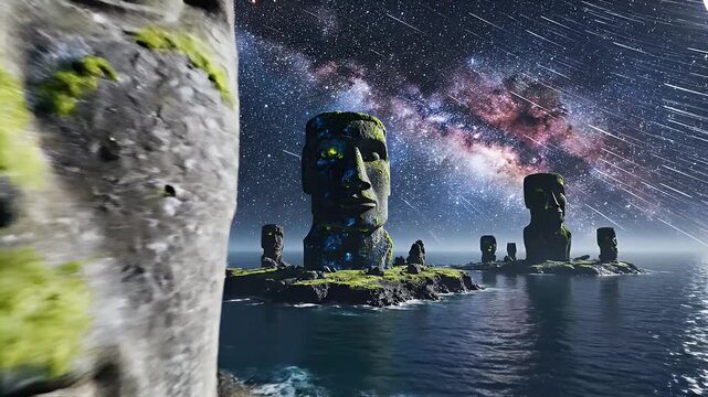Surreal Island Heads under Starry Sky - A surreal landscape featuring massive stone head statues on an island under a breathtaking starry night sky with meteor showers.