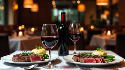Obraz premium Elegant dining with steak, red wine, and candlelight in a cozy restaurant setting.