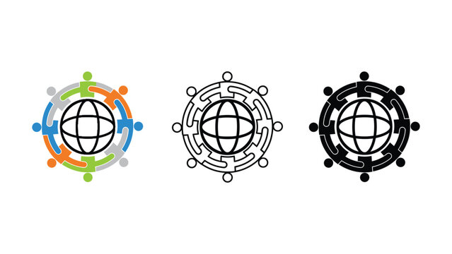 Three icons depict a globe surrounded by people in a circle.