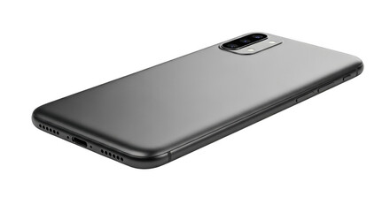 A sleek black smartphone with a triple camera setup on the back isolated on transparent background
