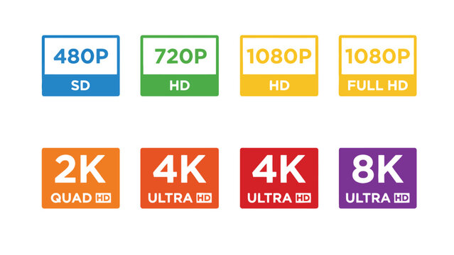 Resolution video quality icons in different formats and definitions