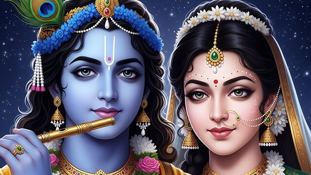 Illustration of Krishna and Radha together under a starry night sky with Krishna playing the flute