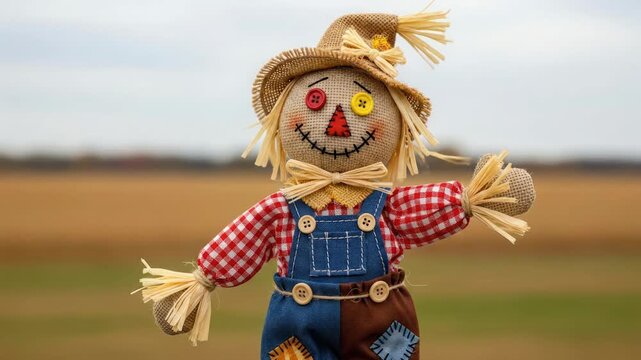 Cute Scarecrow Doll in Plaid Shirt and Overalls Standing in Field