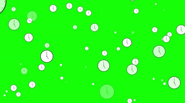 Randomized floating analog clocks creating dynamic time backdrop on green screen Prores Alpha Channel 4K 60fps