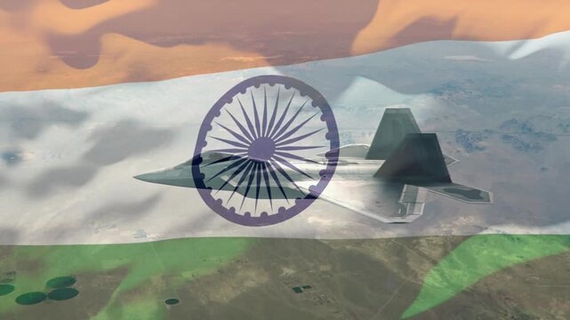 Indian military illustration. Indian Army with waving flag of India. Indian military Airforce in the sky Illustration.