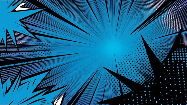 Blue comic book background with radial lines and starburst effects for dynamic graphic design