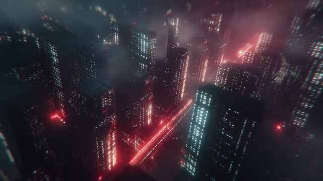 Futuristic city skyline glowing with neon lights at night in a cyberpunk style urban environment