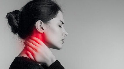Woman with neck pain holding sore area, concept of cervical discomfort, muscle strain or stress injury