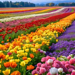 Vibrant tulip field landscape with multicolored blooms
