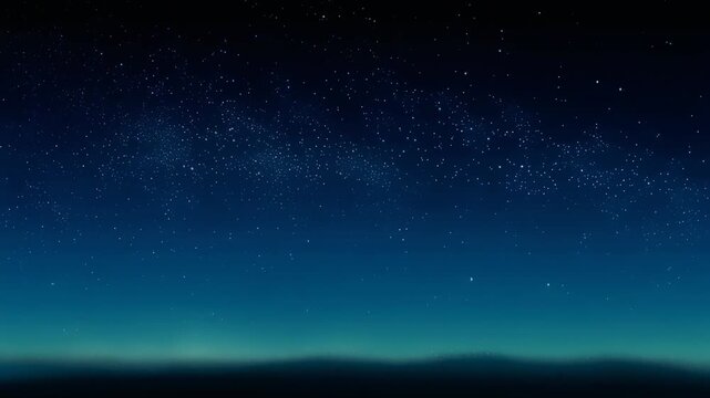 Starry night sky over dark horizon with bright twinkling stars and deep blue gradient atmosphere