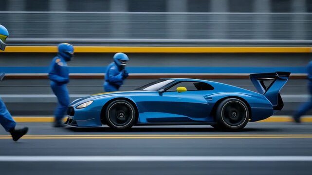 Blue race car speeding on track with pit crew in blue uniforms during motorsport event