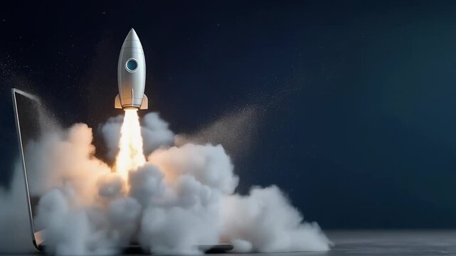 Rocket launching from laptop computer with smoke and fire technology innovation concept