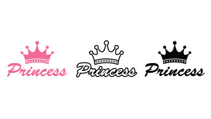 Princess logo icon set with crown and royal text illustrations