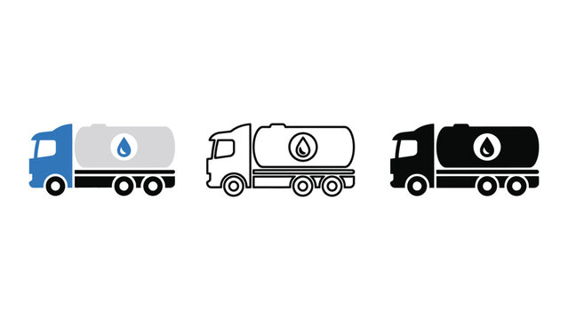 Three tanker trucks with water droplet logos in different colors and styles
