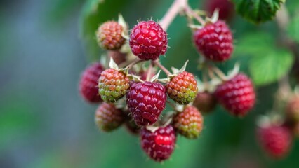 Close-up of ripe red raspberries on a bush in a garden.