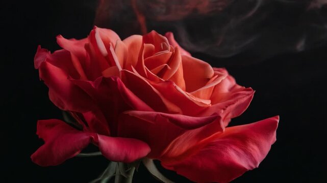 Dramatic burning red rose with slow flames and glowing petals, dark background, fine art cinematic stock photo style