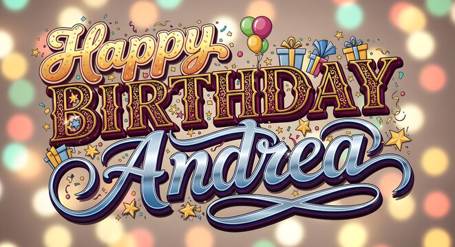 Vibrant and colorful typographic design featuring the name Andrea for a birthday celebration with party elements