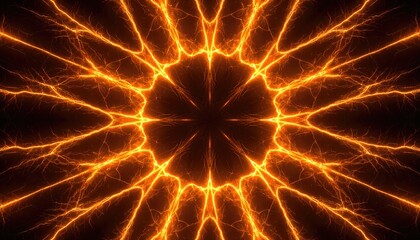 Obraz premium Abstract golden pattern with radiating lines and a central focus, creating a mesmerizing visual. The design has a dark background and the light emits a powerful, fiery glow