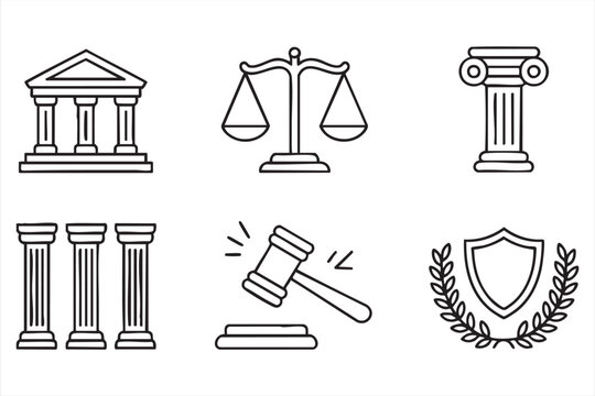Justice system courthouse and gavel outline symbols