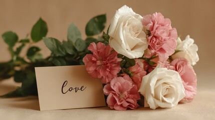 Delicate Bouquet of Pink and White Roses with Love Card on Neutral Background