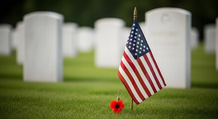 American flag in a military cemetery on memorial day