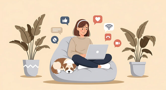 Woman working remotely on laptop at home with pet cat, social media icons and cozy digital lifestyle illustration