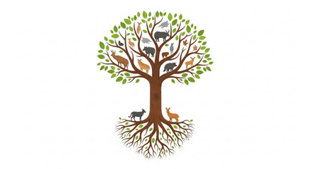 Obraz premium Tree with animals in branches and roots on white background