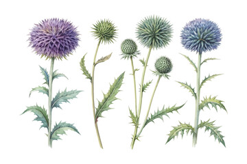 Obraz premium set of Watercolor Globe Thistle Flower Art, Unique Botanical Illustration, vector isolated on white background