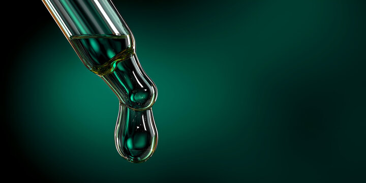 A close-up view of a dropper releasing a green liquid onto a softly blurred background, emphasizing scientific experimentation.