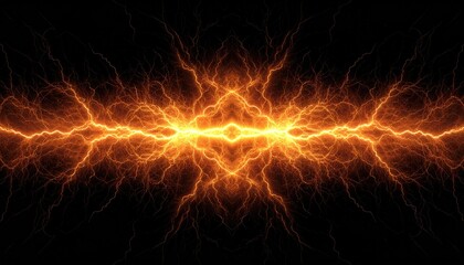 A vibrant display of a lightning bolt against a black backdrop, showcasing nature's electrifying power. The bolt radiates an orange hue, creating a striking visual.