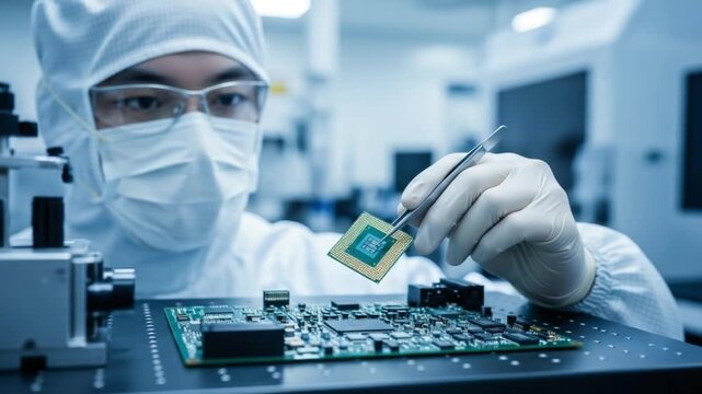 Engineer in cleanroom handling microprocessor with tweezers carefully