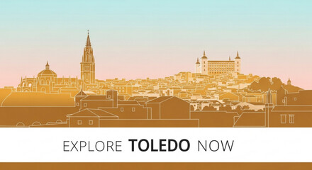Obraz premium Toledo cityscape at sunset with cathedral and castle travel and tourism concept