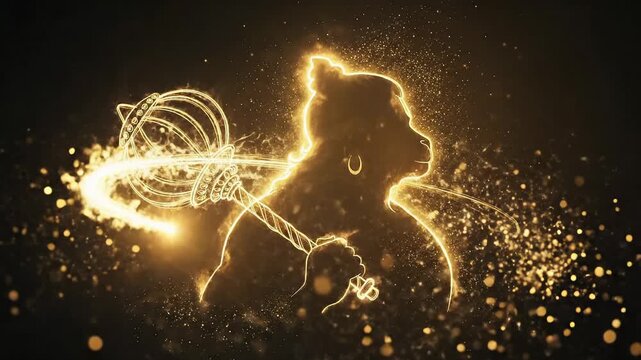 Golden Silhouette of Hanuman with Gada, Magical Energy Swirls and Particles
