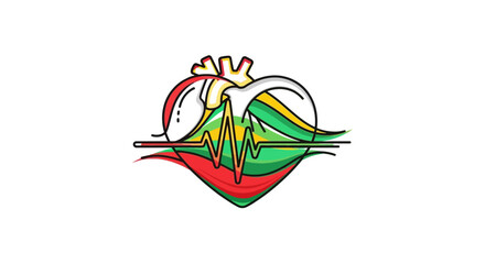 Obraz premium Vibrant anatomical heart icon with electrocardiogram pulse line and colorful national flag