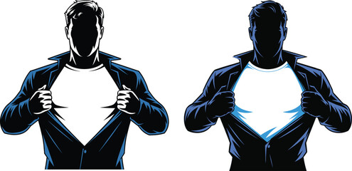 Powerful man silhouette vector illustration tearing open his shirt to reveal a blank t-shirt for superhero transformation and hidden identity concept © MDRONI