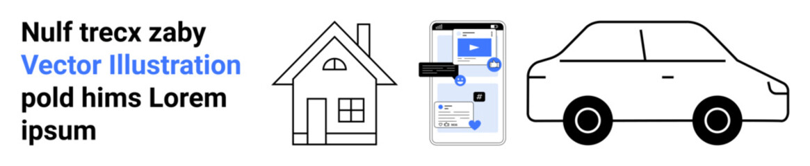 Fototapeta premium Real estate, technology, transportation, mobile apps, digital communication, navigation. Black-and-white icons of house, smartphone interface and car. Real estate and technology concepts
