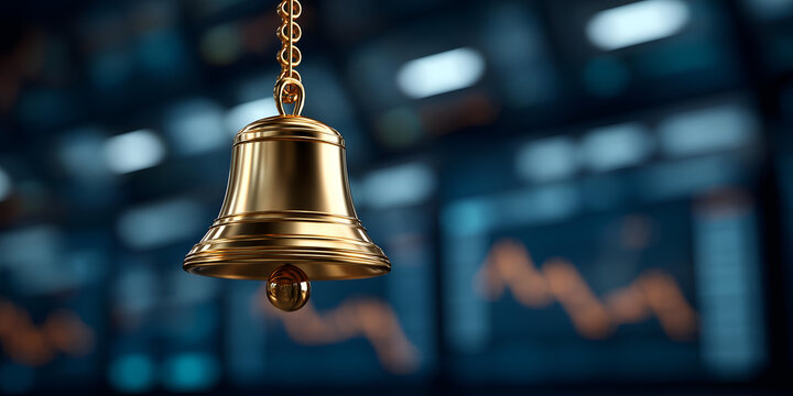 A close-up of a golden bell hanging in front of financial market screens, symbolizing trading and investment activities.